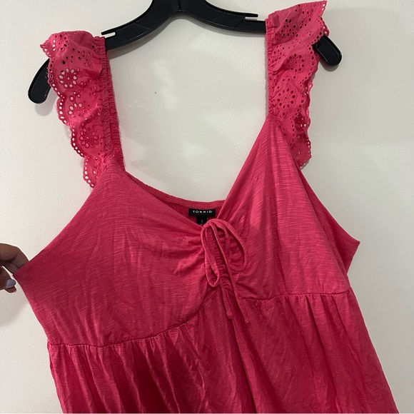 Torrid Slub Sweetheart Ruffle Eyelet Shoulder Tie Detail Pink‎ Tank Size 2X NWT - Picture 6 of 10